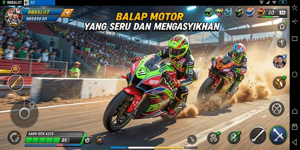 Gameplay seru di 988SLOT dengan balapan motor yang mendebarkan.