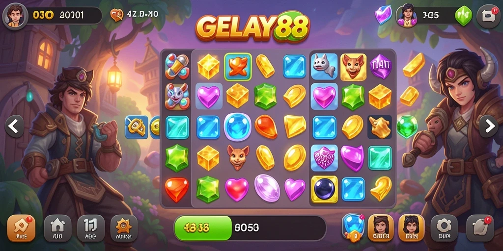GELAY88 menampilkan gameplay seru dengan kombinasi warna-warni objek match-3.