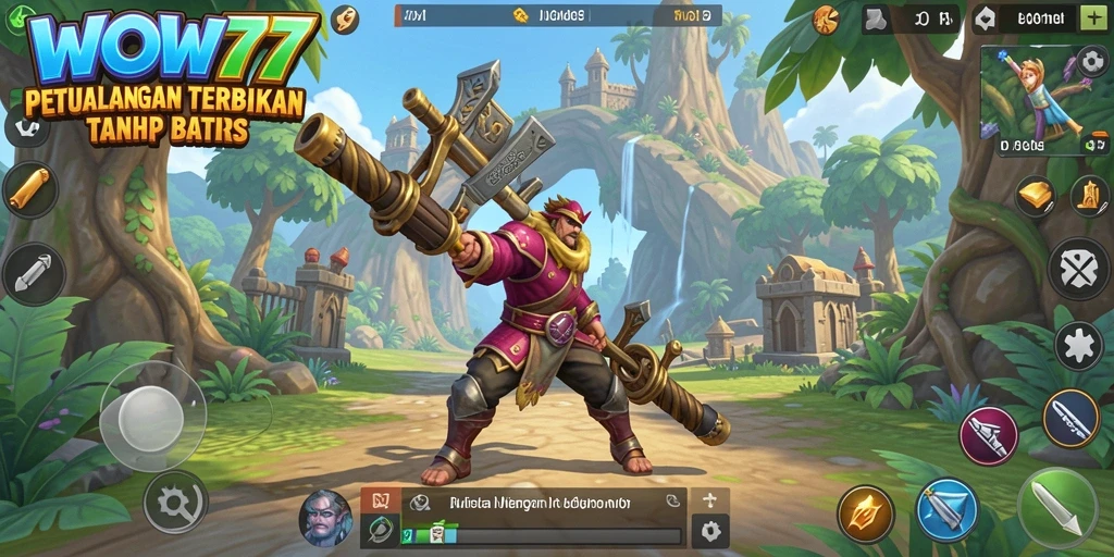 Screenshot gameplay WOW77 yang menunjukkan dunia luas dan interaksi karakter.